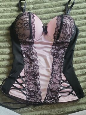 Pink and Black Lace Bustier Top with Supportive Cups